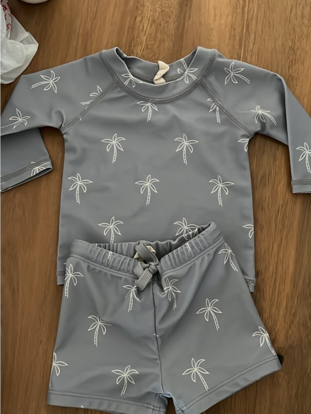 Quincy Mae Gray Palm Print Rash Guard Set - Long Sleeve Top & Swim Shorts